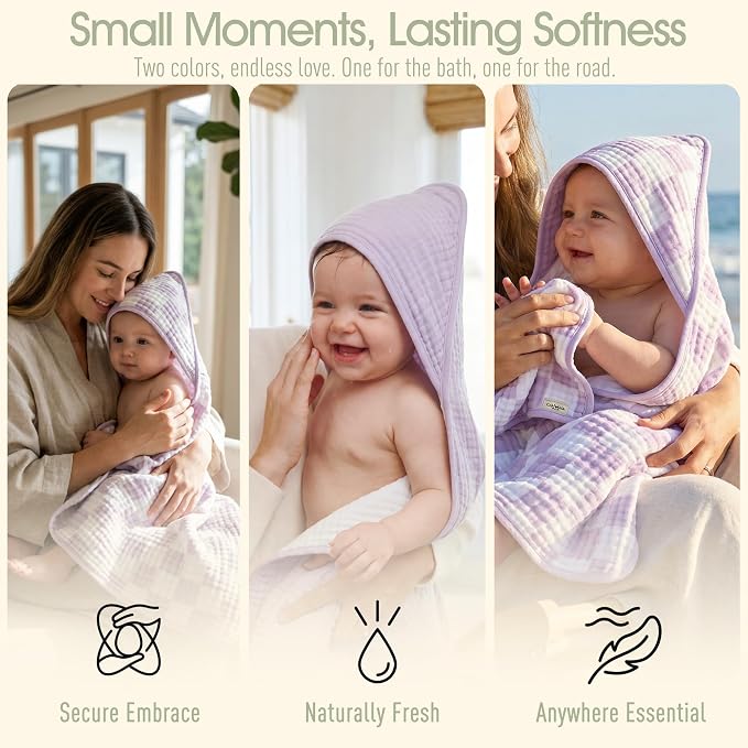 4-Piece Muslin Baby Towel Set - Made with Organic Cotton, (2) 6-Layer Bath Towels 32x32 & (2) Washcloths, Absorbent Bath & Beach, (Lavender)