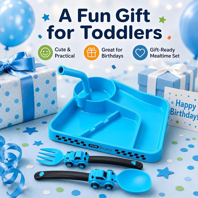 Deinyi Fun Construction Toddler Plates & Utensils - Divided Non-Tip Plate for Ages 1 2 3 4 5 6 7 - Perfect Birthday Party Gift for Boys & Girls - Blue