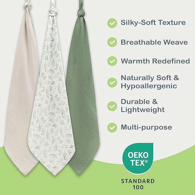 100% Organic Cotton Muslin Baby Blanket - 38x40 Inch Breathable Swaddle, Hypoallergenic Double-Layer, Versatile Use (Green/Ivory/Floral, 38x40 Inch)