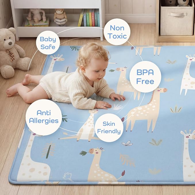1.5" Thick Premium Baby Floor Play Mat, 71x59 Over-Sized Padded Memory Foam Mat, Tummy Time Crawling Playmat for Nursery Kids Playroom, Giraffe