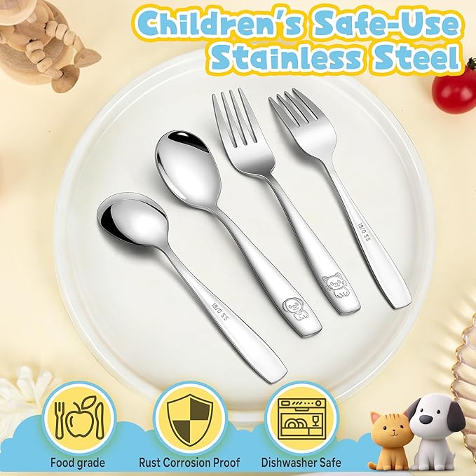 LIANYU Kids Silverware Set, 14 Pieces Stainless Steel Toddler Utensil Set with Small 7 Forks and 7 Spoons, Children Safe Flatware Cutlery for Self-Feeding, Food Grade & Cute Pattern, Dishwasher Safe