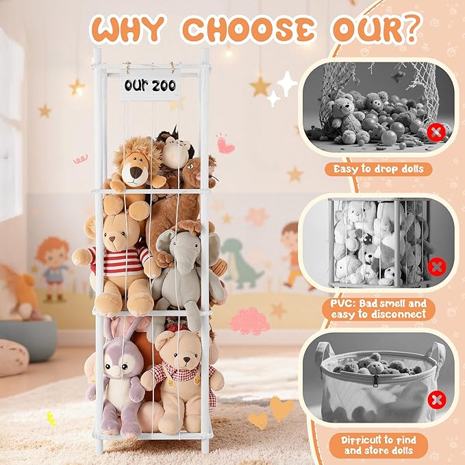 LAMU Stuffed Animal Storage, Wooden Zoo Stuffed Animal Holder with Elastic Cords, Space Save Toy Organizer, Extra Large Capacit Stuffed Animal Organizer for Playroom, Bedroom, Nursery, White