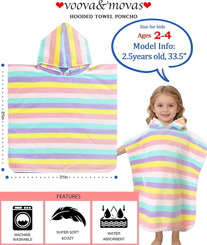 VOOVA & MOVAS Hooded Toddler Towel, 100% Cotton, Oversized (2-4Years,22"X22"),Absorbent Hooded Poncho Towel for Baby,Perfect for Pool | Swimming | Bath | Beach,Colorful Rainbow Stripe