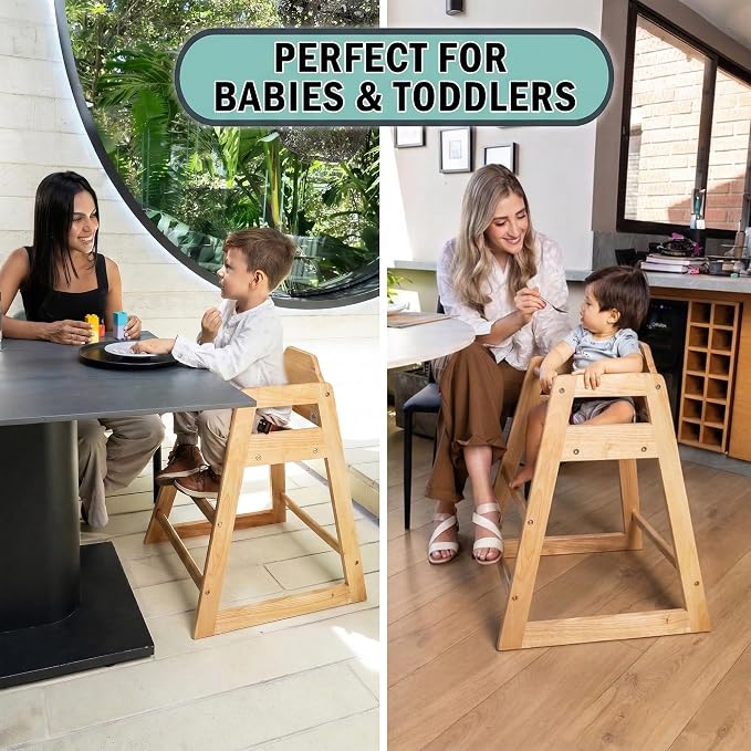 LA Baby Wooden High Chair - Restaurant Style Solid Wood Highchair for Babies and Toddlers - ASTM F404 Safety Certified - Stackable Design - Natural