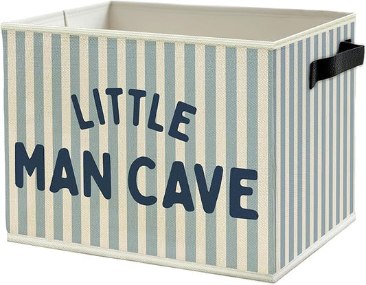 Little Man Cave Boys Storage Bins Box with Handles, Olive Blue Stripe Boho Collapsible Basket Organizer for Kids Boys Playroom Nursery Room Bedroom Bathroom Toys Books Clothes