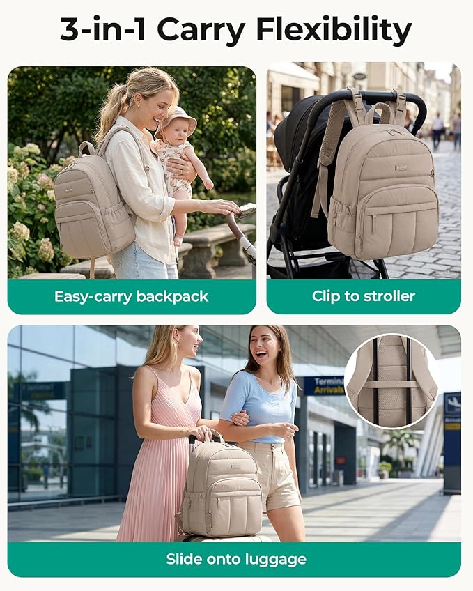 BAGSMART Diaper Bag Backpack, Multi-Pocket Puffy Diaper Bag with Waterproof Changing Pad, Lightweight Stroller-Friendly Diaper Bag with Insulated Pockets, Easy-Access Baby Essential, Green