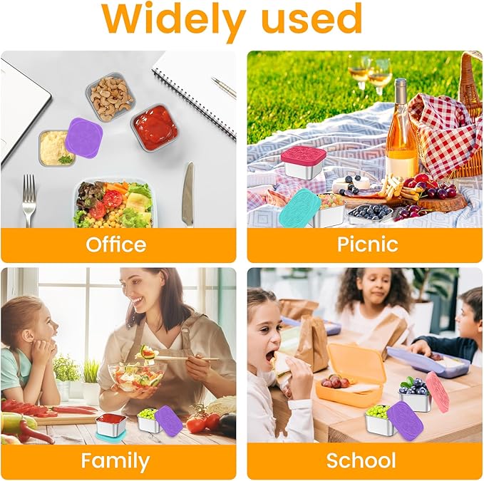 6 Pcs Stainless Steel Sauce Containers,2oz Metal Mini Snack Food Store Box Containers and Silicone Lids, Reusable Small Portable Boxes, Dishwasher Safe for Daycare School Office Travel, Leakproof