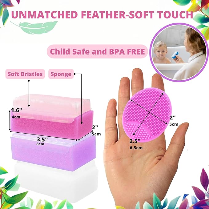 Cradle Cap Brush and Sponge Set for Baby - Bath Essentials for Newborns | Treatment Comb | Baby Bath Sponges (5-Pack Pink)