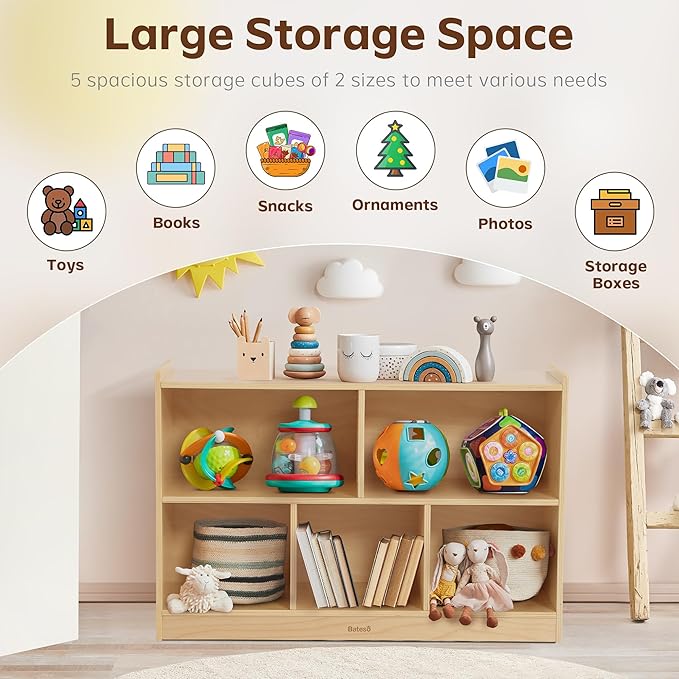 Bateso Toy Storage Organizer for Kids Room, Wooden Kids Bookshelf for Classroom, Cube Storage Organizer for Playroom, 5-Section Montessori Bookshelf & Toy Shelf for Nursery