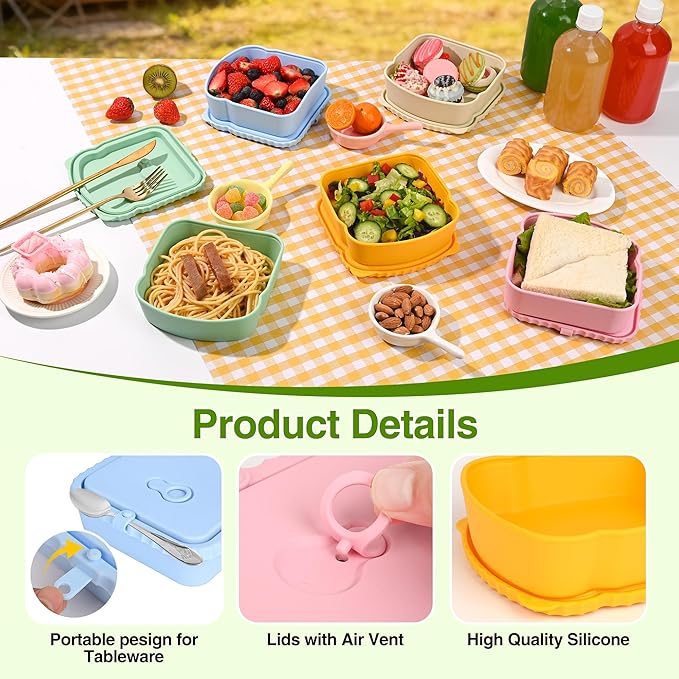 2 Pack Silicone Sandwich Container with Leakproof Lids, 15oz Reusable Lunch Box, BPA-Free Silicone Snack Box, Reusable Toast Container for Sandwiches, Snacks, Office, Travel (Yellow+Blue)