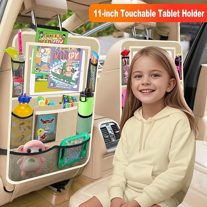 Car Backseat Organizer ï¼? Pack Car Organizer Back Seat with 11" Tablet Holder, 10 Storage Pockets Seat Back Protectors Kick Mats for Kids Toddlers, Travel Accessories (Beige)