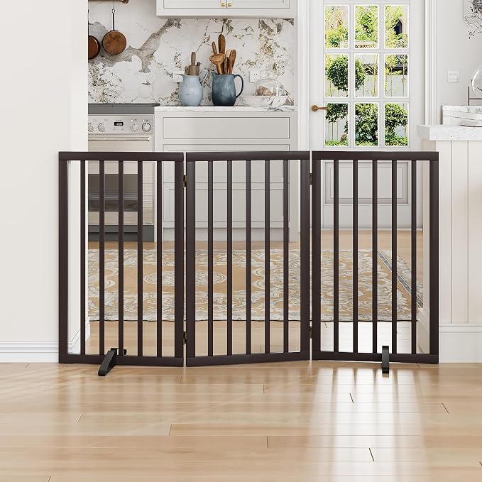 Dog Gate for Doorways 32" Tall Freestanding Dog Gate for Stair Foldable Pet Gate for Dogs Indoor (Brown,3 Panel)