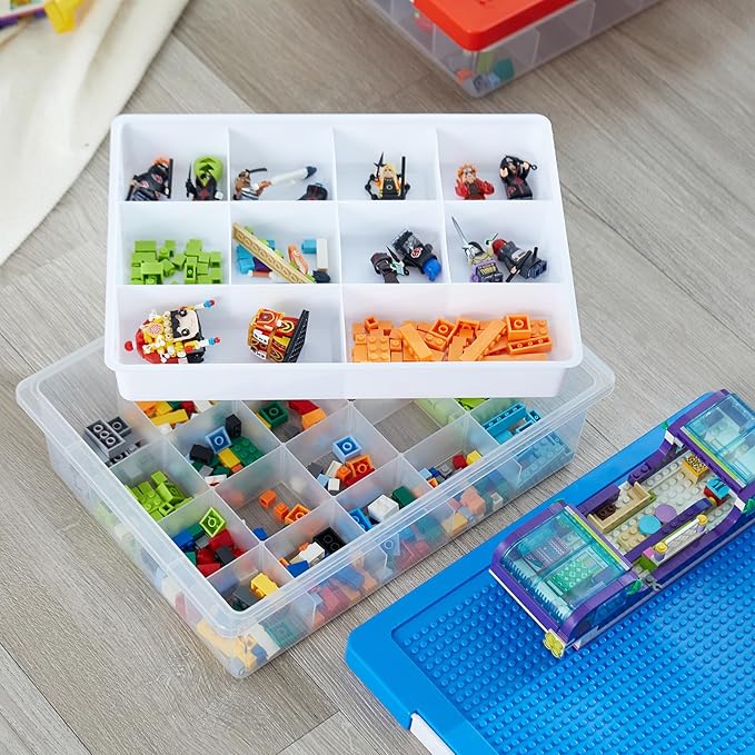 MACOPRO Toys Storage Organizer Box for Lego, Toy Box with Building Plate Lid and Removable Tray, Building Block Storage, Stackable Plastic Organizer Bins (Red+Blue-2Packs)