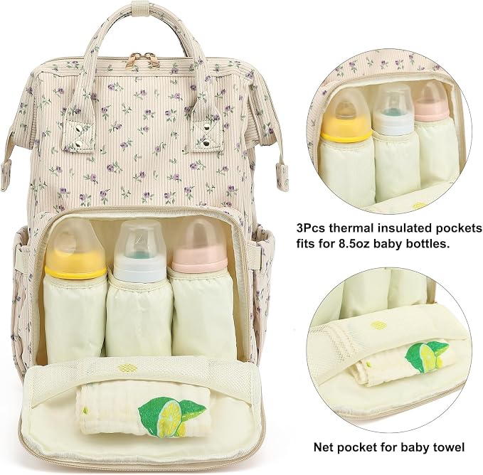 Corduroy Diaper Bag Backpack for Baby Girls Boys, Women Large Nappy Bags for Mom (Beige Corduroy Floral Purple)