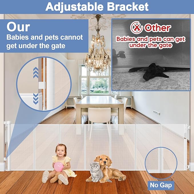Reinforced 200 Inch Extra Long Dog Gate Indoor 37??Tall Outdoor Retractable Baby Gates for Doorways Extra Wide 16ft Bottom Anti-Crawl Indoor Extra Long Baby Gate Retractable Dog Fence/Barrier, White