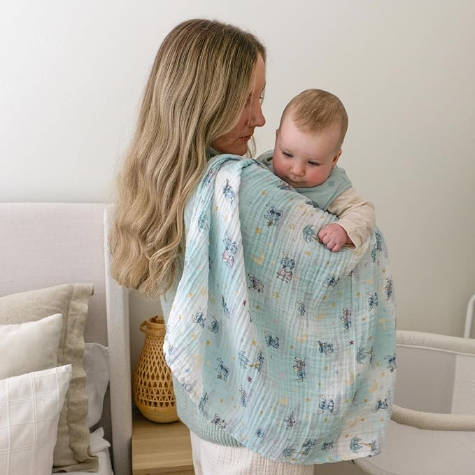 aden + anais Essentials Muslin Swaddle Blankets, Newborn Receiving Blanket for Swaddling, 100% Cotton Baby Swaddle Wrap, 4 Pack, Lilo & Stitch