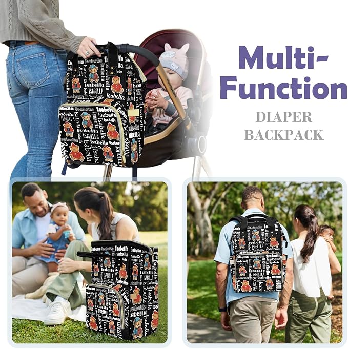 Custom Diaper Backpack, Upgraded Large Capacity Baby Bag, Personalized Changing Backpack With Name, Multifuction Mommy Bag With Insulated Pockets for Boys, Teddy Bear Red