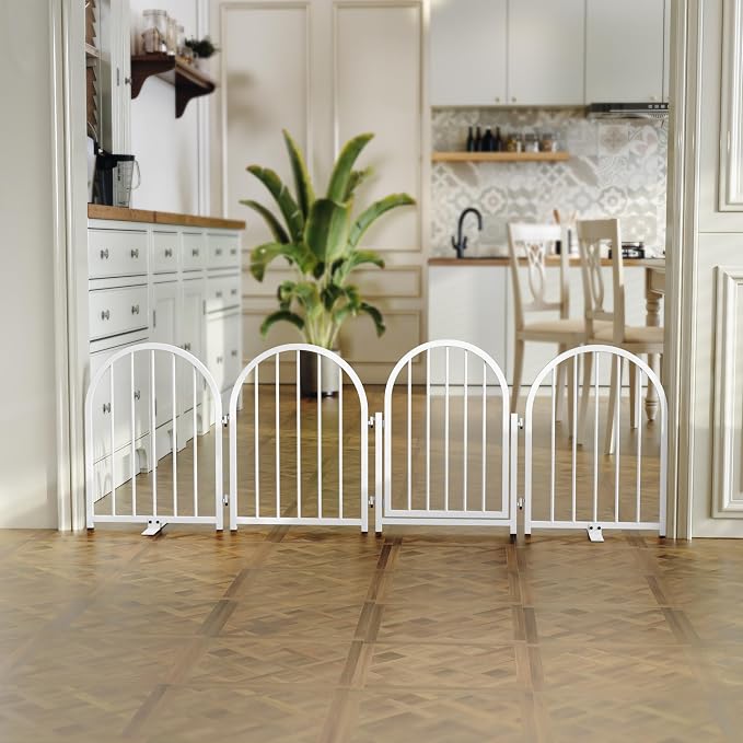 PUPETPO Full Metal Dog Gate with Door for Indoor Outdoor, 24" Tall Free Standing Pet Dog Fence, 72" Extra Wide Pet Gates for Stairs, Hallways, Doorways, Kitchen, Decks, Yards (White, 4 Panels)