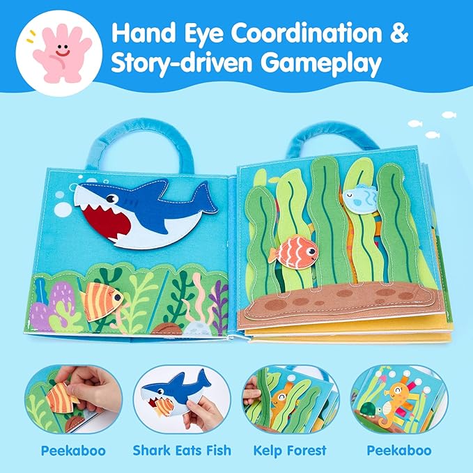 hahaland Ocean Busy Book for Toddlers 1-3, Montessori Toys Sensory Activity Busy Board, Travel Toy for 1 2 3 Year Old Boys Girls, Educational Fine Motor Skills Learning Toy, Toddler Birthday Gift
