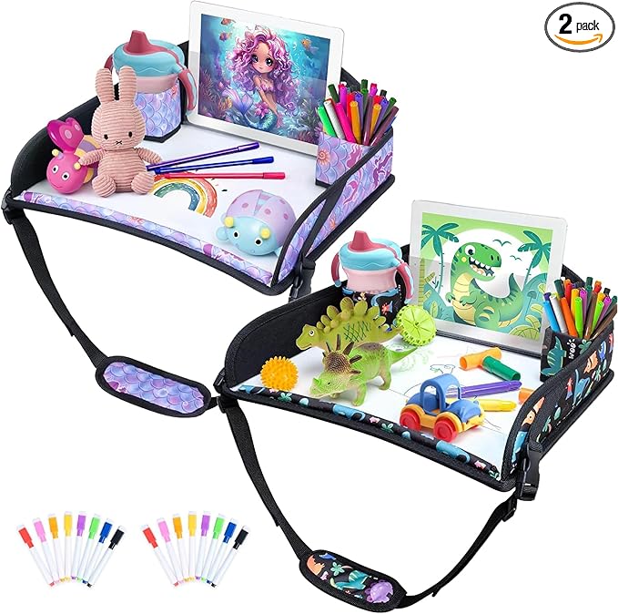 2Pcs Kids Travel Tray for Toddler Carseat, Road Trip Activities Essentials for Toddler, Kids Lap Desk Tray with Tablet Holder Stand ï¼?Dry Erase Board (Dinosaur & Mermaid)