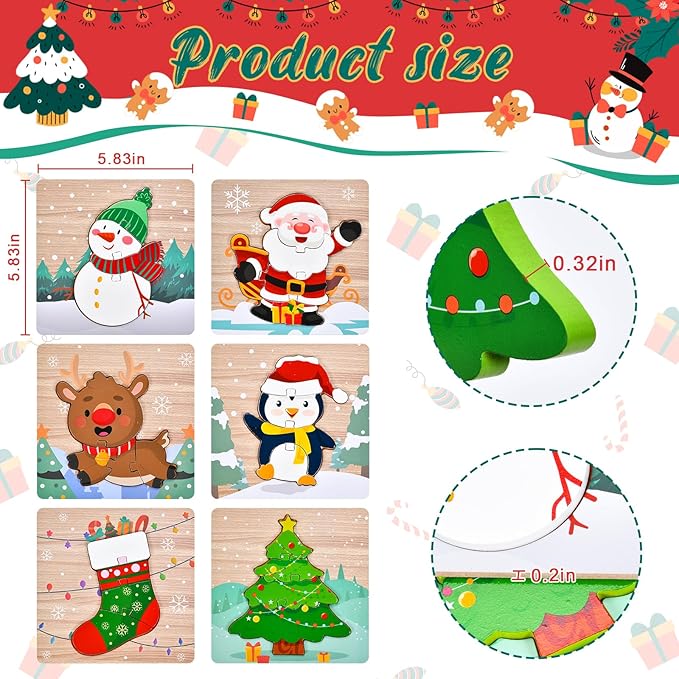 6 Pack Christmas Wooden Puzzles for Kids Christmas Stocking Stuffers for Toddlers 1-3 2-4 Toddler Toys Party Favors Gifts