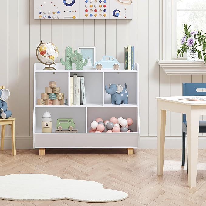 UTEX Toy Storage Organizer, Kids Bookshelf and Toy Storage with Legs, 5 Cube Storage Organizer, Children Bookcase for Kids Room, Living Room, Nursery,White