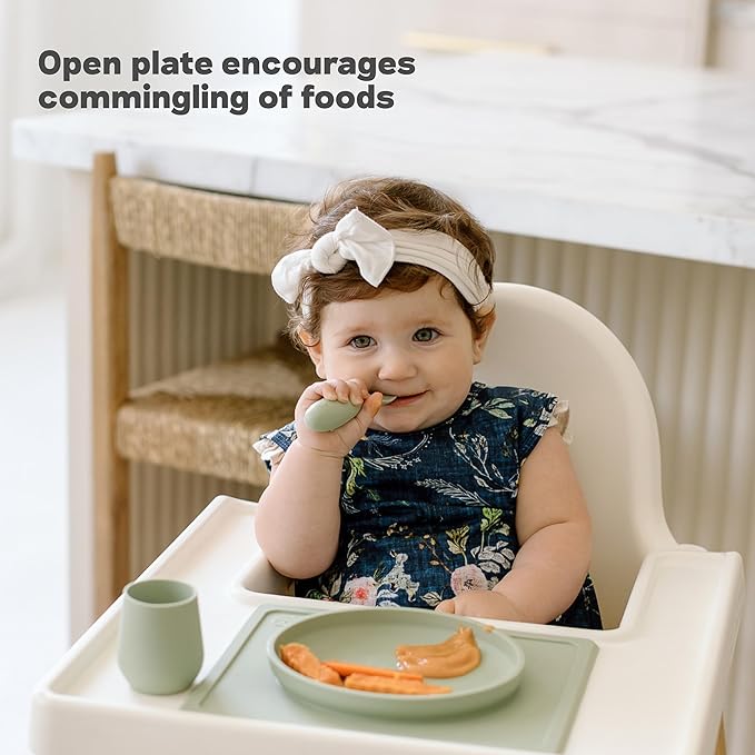 ezpz Tiny Plate (Pewter) - 6 Months+ - 100% Silicone Suction Placemat + Plate for Infants - Fits on Most Highchair Trays - Baby Led Weaning Supplies