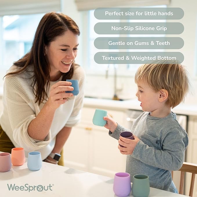 WeeSprout Silicone Baby Training Cups - Set of 2 Soft Silicone Cups - 2 oz Open Cup for Baby 6+ Months - Non-Slip Grip, Weighted Base - Gentle on Gums & Teeth (Matte Blue & Matte Green)
