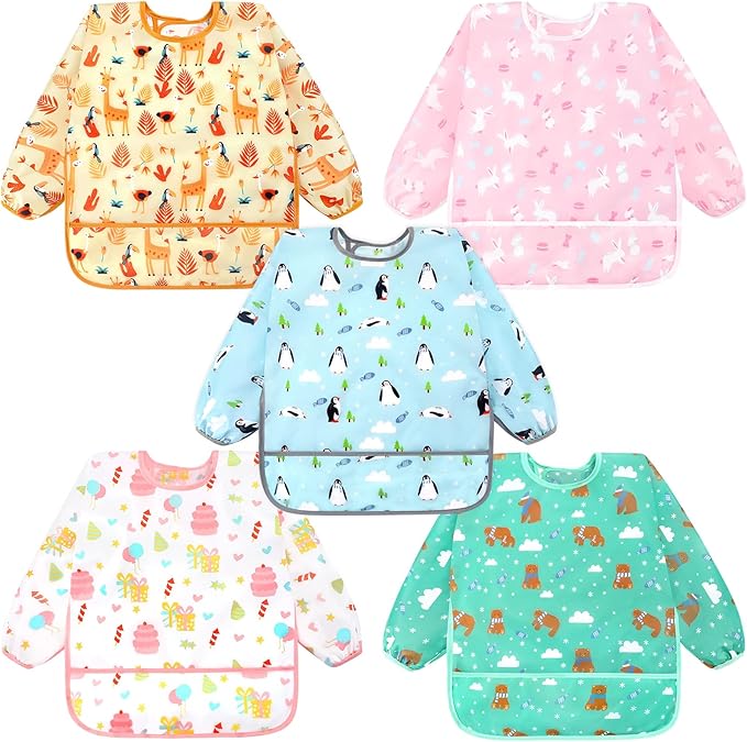 Accmor 5 Pack Long Sleeve Bibs, Baby Smock Waterproof Sleeved Bib Smock for Baby Toddler 6-36 Months