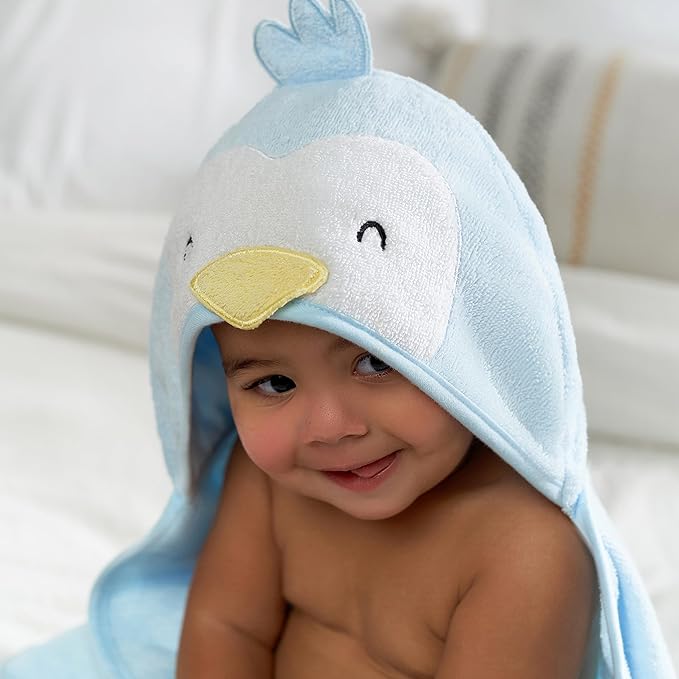 Gerber Baby 4 Piece Animal Character Hooded Towel and Washcloth Set, Blue Penguin, One Size