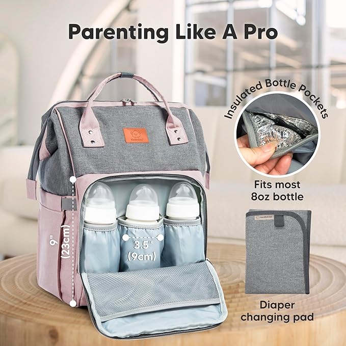 KeaBabies Baby Diaper Bag Backpack - Large Baby Bag for Boys, Girls, Waterproof Multi Function Travel Diaper Backpack with Changing Pad, Durable Travel Essentials for Moms and Dads (Pink Gray)