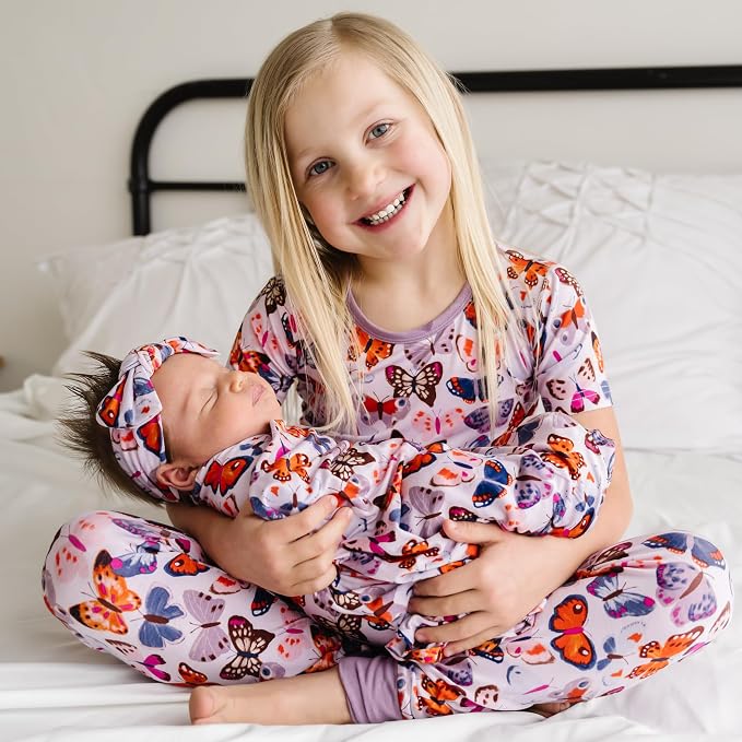Little Sleepies Swaddle & Headband Bow Set, Viscose from Bamboo Baby Swaddles, Newborn Baby Girl Clothes (Butterfly Kisses)