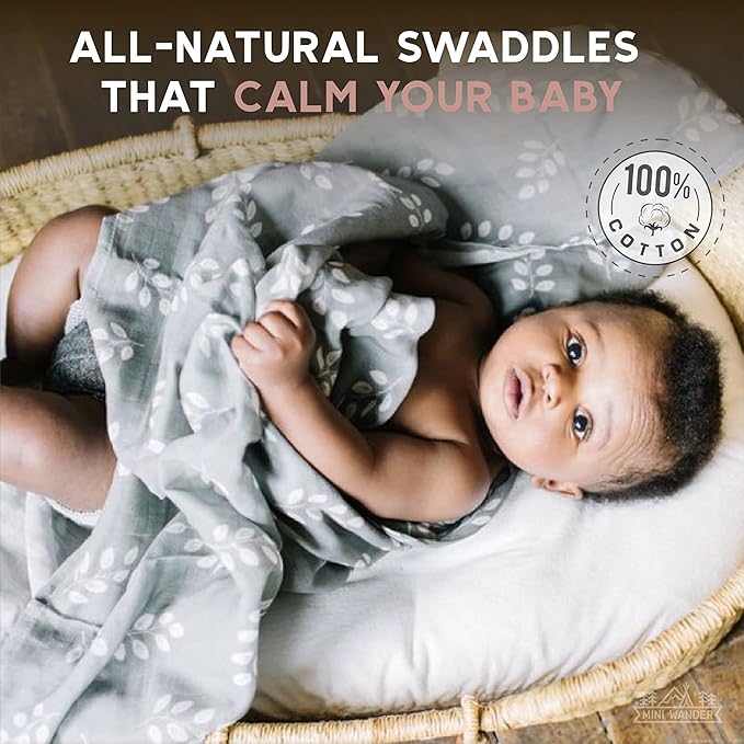 Mini Wander Swaddles for Newborns Muslin Swaddle Blankets - Breathable Soft Gender Neutral Receiving Blanket Baby Essentials | 47 x 47 Cotton - (Leaves Storm Blue)