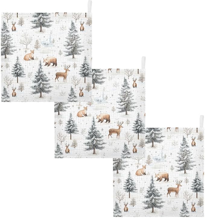 vvfelixl Winter Deer Bear Baby Burp Cloths Baby Muslin Washcloths for Boys Girls Cotton Babys Face Towel for Newborn Soft 11.8 X 11.8 in, 5 Pack