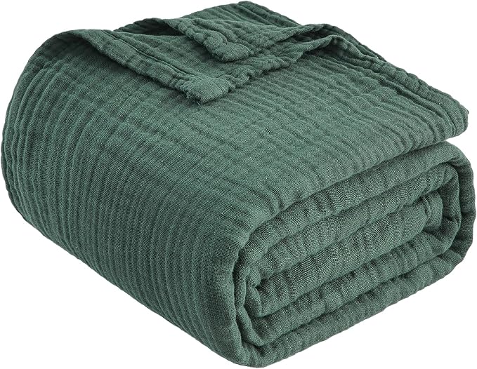 EMME Cotton Muslin King Blanket Bed Layering Breathable Gauze Blanket Soft Lightweight Blankets Adults (Forest Green, 108"x90")