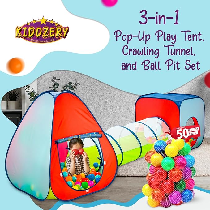 Kids Play Tent with 50 Balls ??3-Piece Tunnel & Ball Pit Combo ??Indoor/Outdoor Pop-Up Set with Mesh Panels & Carry Bag