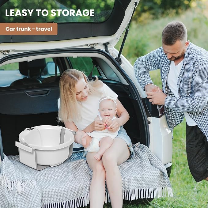 Collapsible Baby Bathtub with Soft Cushion and Thermometer, Newborn to Toddler Tub 0-36 Months with Toy Storage Mesh Bag, Portable Travel Bath for Infants (Grey)