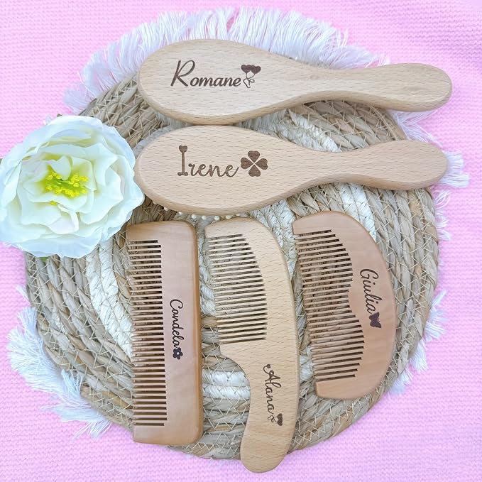 Personalized Baby Hair Brush and Comb Set for Newborns and Toddlers, Soft Goat Hair Brush, Natural Wood Massage Brush and Comb, Preventing Cradle Cap