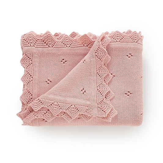 mimixiong Cotton Baby Blanket Knitted Crochet Receiving Crib Nursery Swaddling Blankets for Newborn Baby Boy Girl with the Bunny Rattle (Blush Pink)