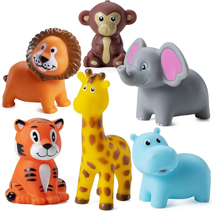 Mini Zoo Animals Bath Toys - (Pack of 12) Vinyl Rubber Jungle Safari Animal Figures, Squeezable Bath Tub Toys for Kids, Baby Shower, Birthday Party Supplies, Favors, Cake Decor, Table Decorations
