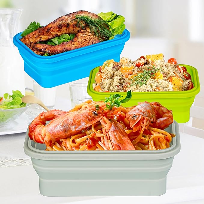 Plus 4PCS Foldable Silicone Food Storage Containers for Kitchen Storage for Leftovers Fruits and Meal Prep Dishwasher Safe Microwave Safe Ideal for Home and Travel (blue, 27OZ)