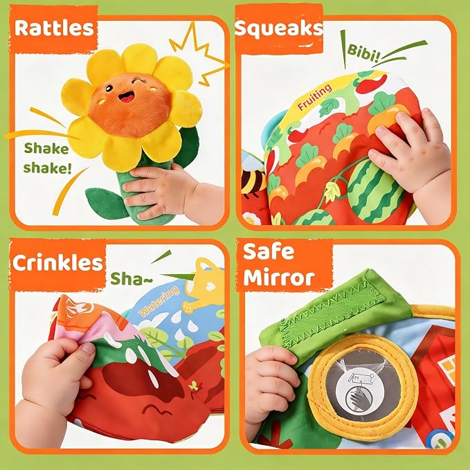 Baby Toys 6-12 Months, My First Vegetable Garden Plush Set Montessori Toys for 6 Month Old with Rattles Mirror Squeaker Crinkle Book, Baby Boy Girl Gifts Christmas Stocking Stuffers