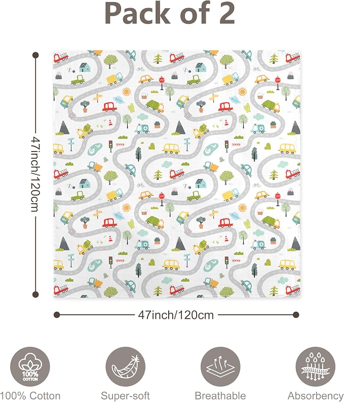 2-Pack Muslin Swaddle Blankets 47x47-100% Cotton Breathable Receiving Blankets for Newborn Baby, Soft Swaddling Wraps, Build & Drive