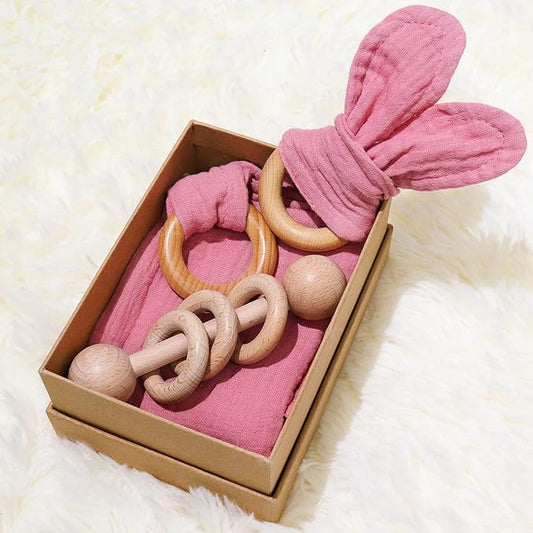 Baby Lovey, Wood Rattle, Teether Ring, 3 Pack Montessori Gift, Coral Pink, Cotton, Double Gauze, Baby Girl Shower Gift