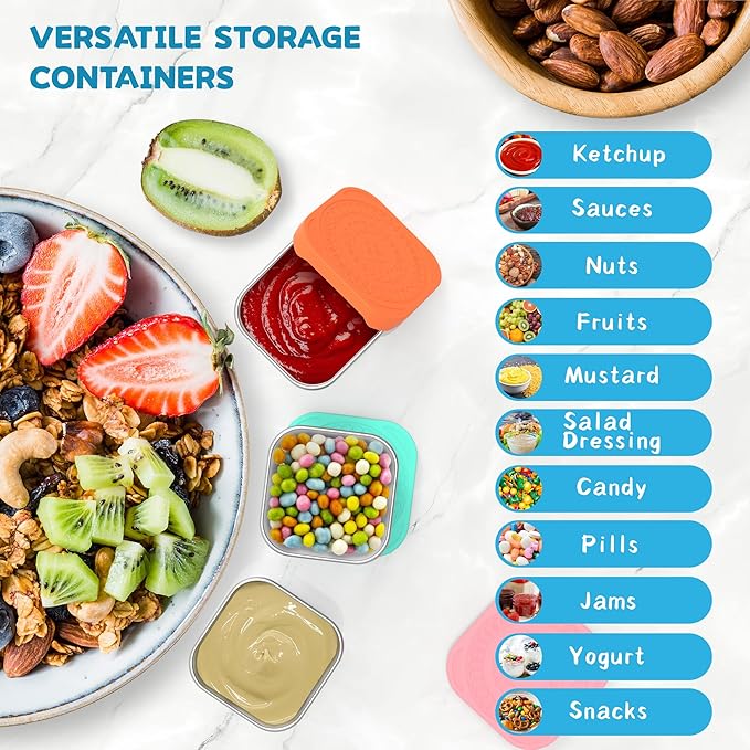 CasaCulina 6 Pack 6oz Stainless Steel Snack Containers, Easy Open Leak Proof Stainless Steel Food Storage Containers with Silicone Lids, Small Metal Lunch Box Container for Office, Travel