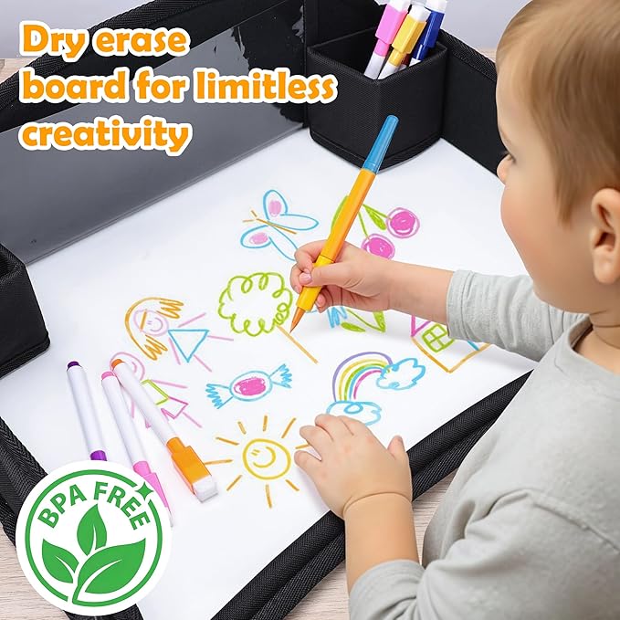 Kids Travel Tray for Toddler Carseat, Road Trip Activities Essentials for Toddler, Kids Lap Desk Tray with Tablet Holder Stand ï¼?Dry Erase Board (Black)