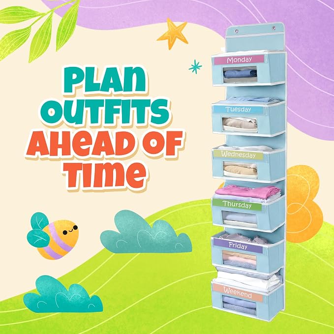 Houseables Weekly Clothes Organizer for Kids, Days of the Week Clothes Organizer, Kids Closet, Daily Outfit Storage, Monday Through Friday Clothing, Weekday, M-F, School, Hanging, Over Door, 6 Shelf