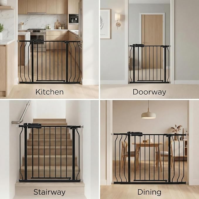 Baby Gate for Stairs 29.13"-33.86" Wide Dog Gates for Doorways Pressure Mounted Pet Gate Walk Through Metal Child Indoor Safety Gates No Drilling (Black, 29.13"-33.86"/74-86CM)