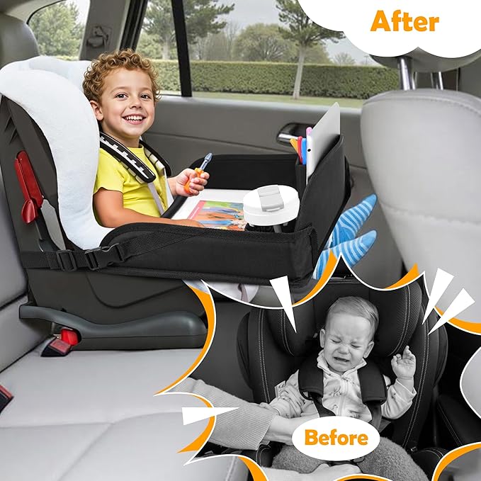 Kids Travel Tray for Toddler Carseat, Road Trip Activities Essentials for Toddler, Kids Lap Desk Tray with Tablet Holder Stand ï¼?Dry Erase Board (Black)