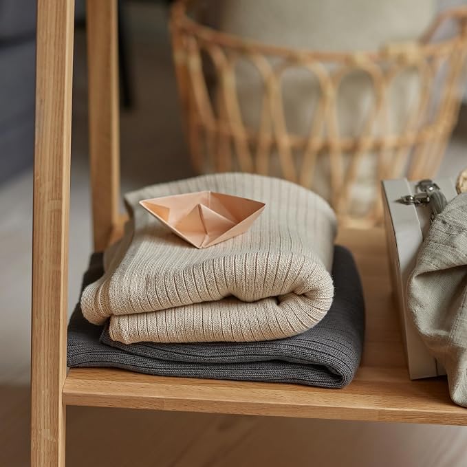100% Organic Cotton Knit Receiving Baby Boy Blanket for Newborns - Soft, Breathable Swaddle Blanket for Crib & Stroller - Nursery Gift 2-Pack (Ribbed Fog/Baby Blue).